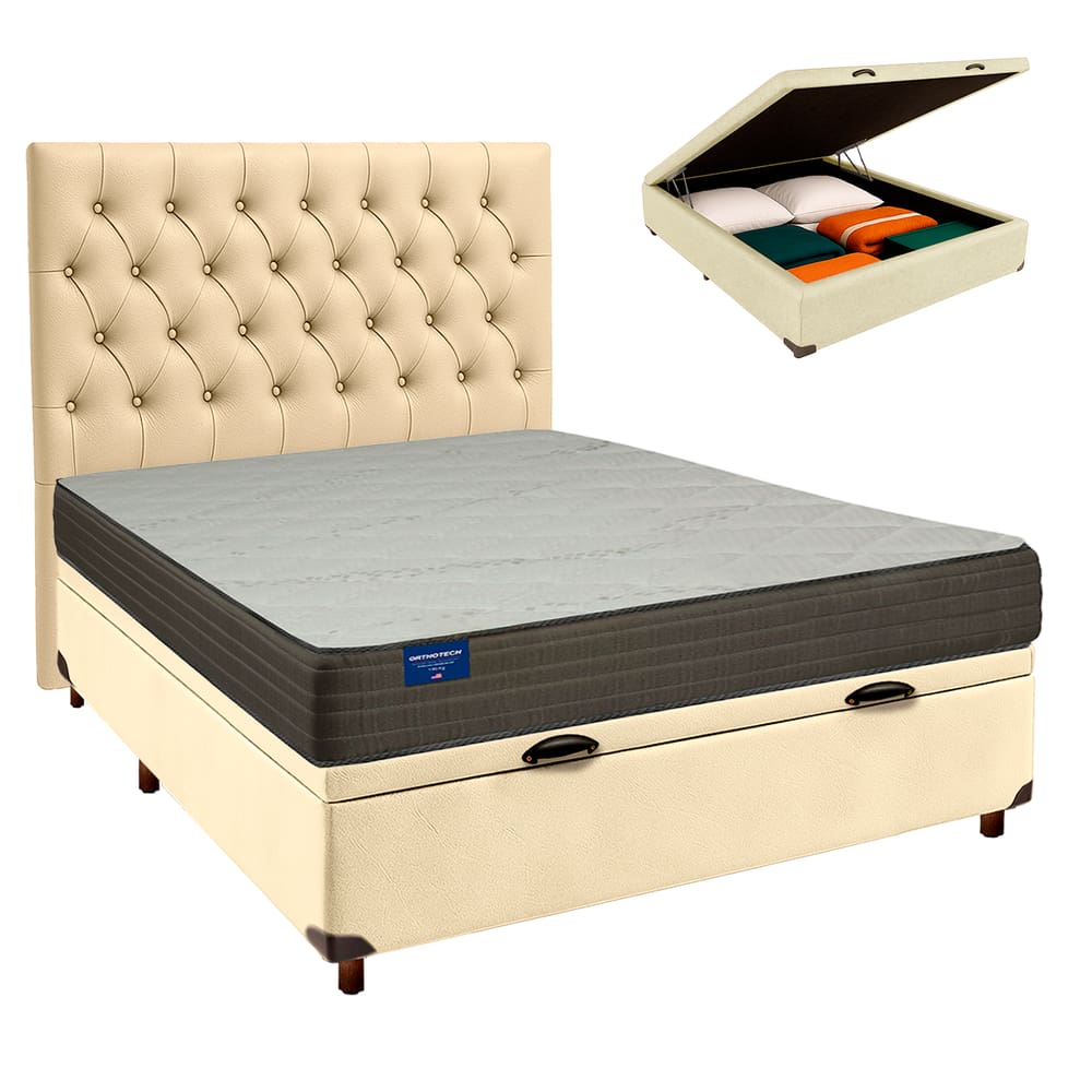 Cama Box Bau + Colchão Casal D33 Orthotech Inducol + Cabeceira Estofada