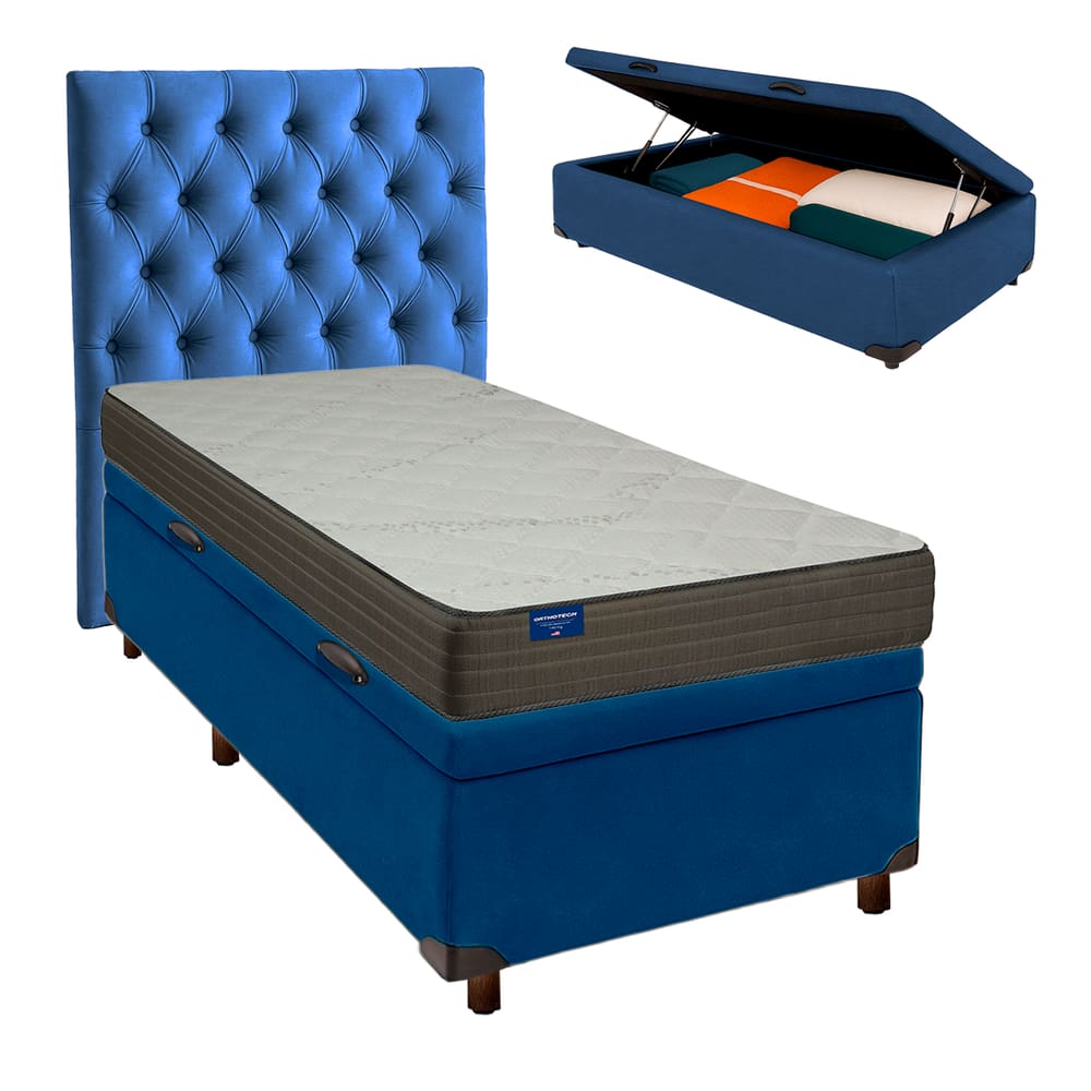 Cama + Bau Azul e Colchão D33 Solteiro - Orthotech Inducol + Cabeceira