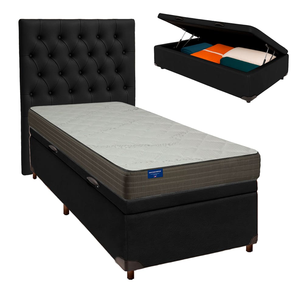 Cama Box Bau + Colchão Solteiro D33 Orthotech Inducol + Cabeceira Estofada