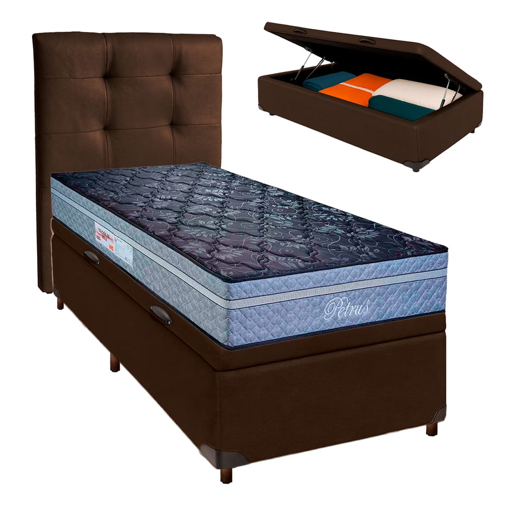 Conjunto Cama Box Bau Marrom Solteiro + Colchão Molas Ensacadas Petrus Paropas + Cabeceira