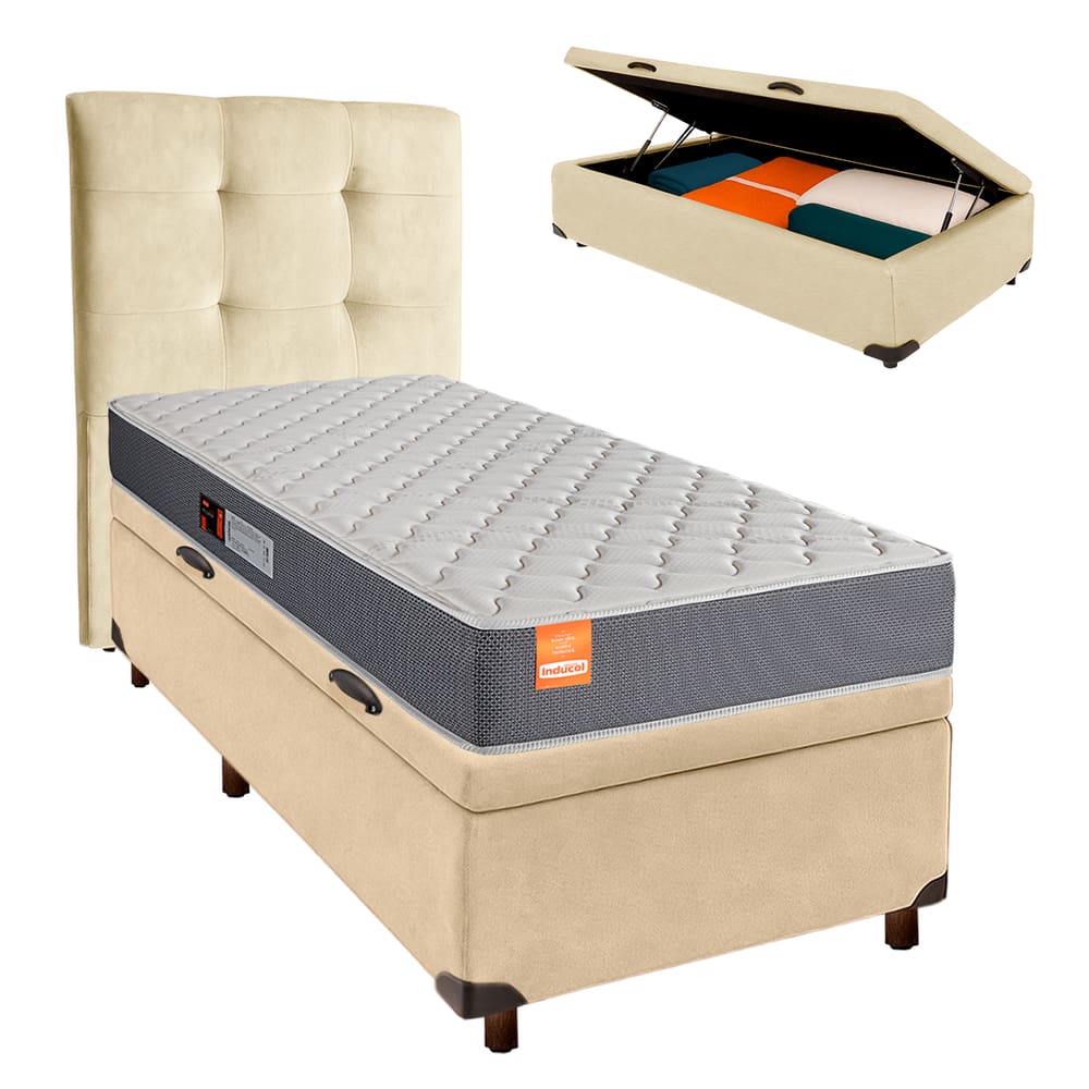 Conjunto Cama Box Bau Blindado Solteiro + Colchão D23 Pro Inducol + Cabeceira