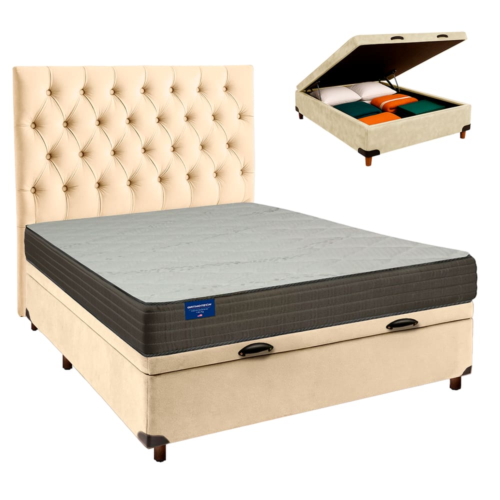 Cama + Bau Perola e Colchão D33 Casal - Orthotech Inducol + Cabeceira