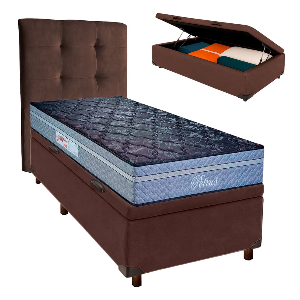 Cama Box Bau + Colchão Solteiro Molas Ensacadas Petrus Paropas + Cabeceira Estofada