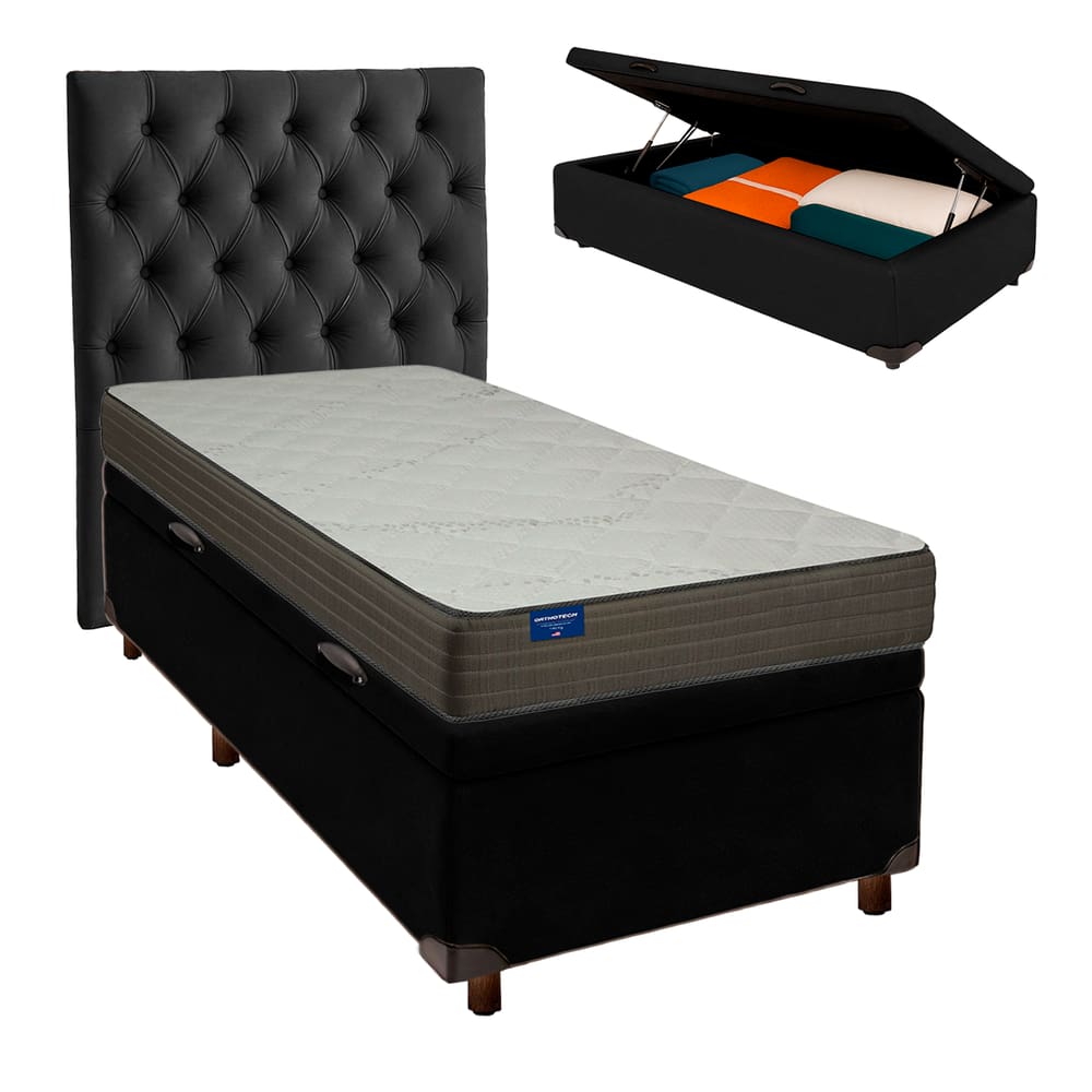 Conjunto Cama Box Bau Blindado Solteiro + Colchão D33 Orthotech Inducol + Cabeceira