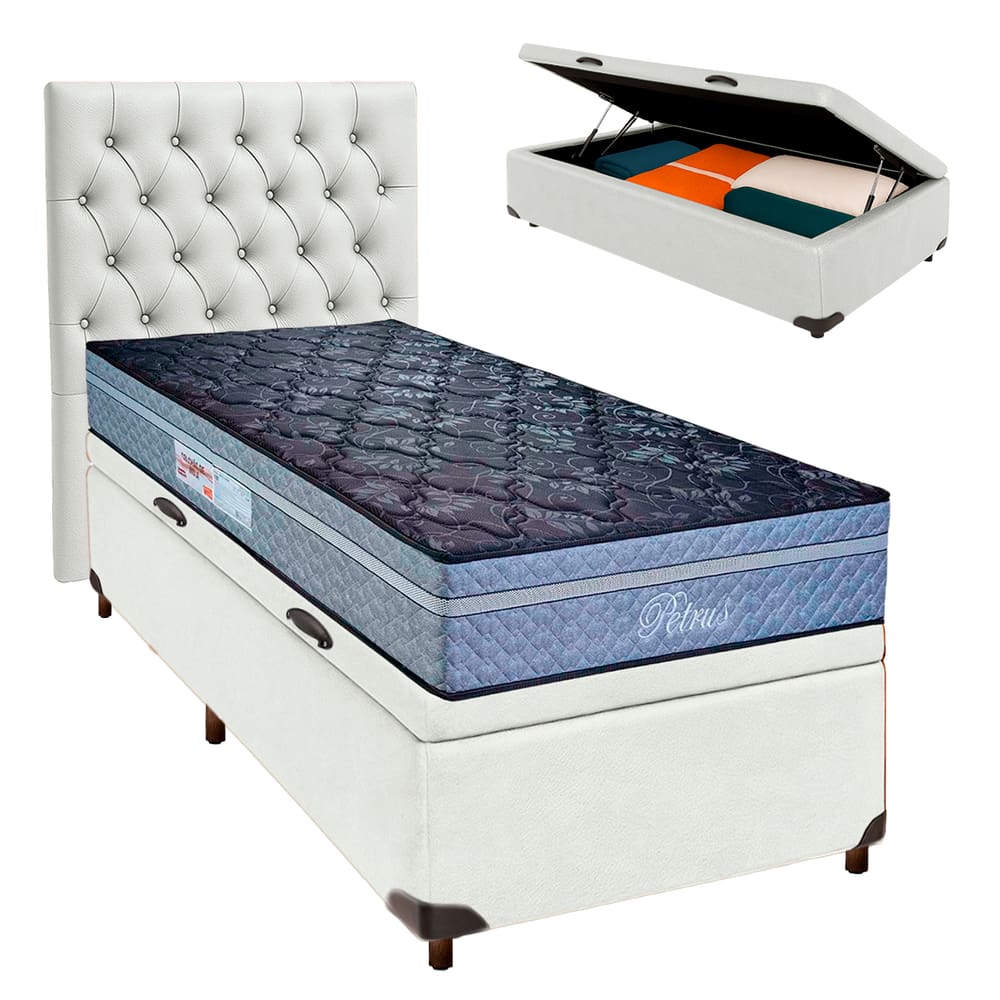 Cama Box Bau + Colchão Solteiro Molas Ensacadas Petrus Paropas + Cabeceira Estofada