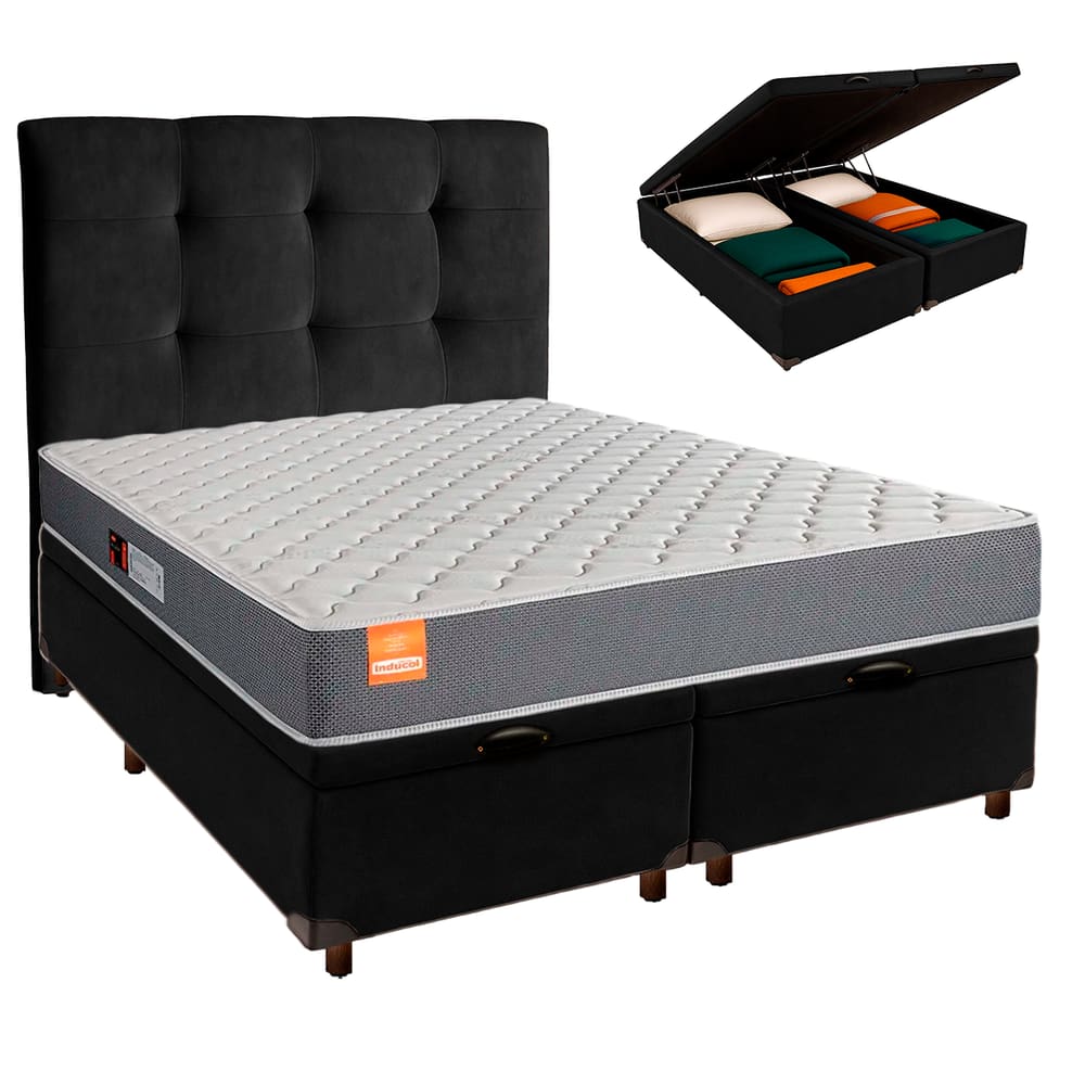 Cama Box Bau + Colchão Queen D23 Pro Inducol + Cabeceira Estofada