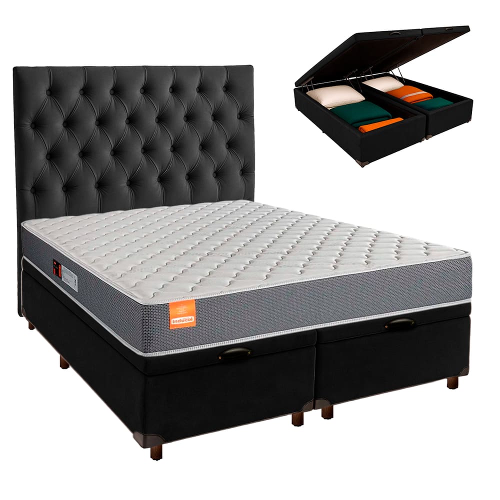 Conjunto Cama Box Bau Blindado King + Colchão D23 Pro Inducol + Cabeceira