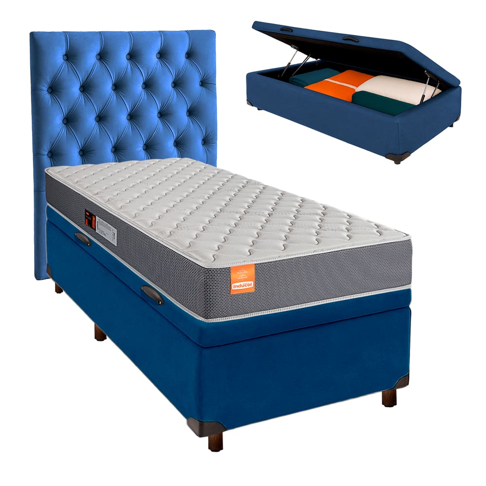 Cama + Bau Azul e Colchão D23 Solteiro - Pro Inducol + Cabeceira