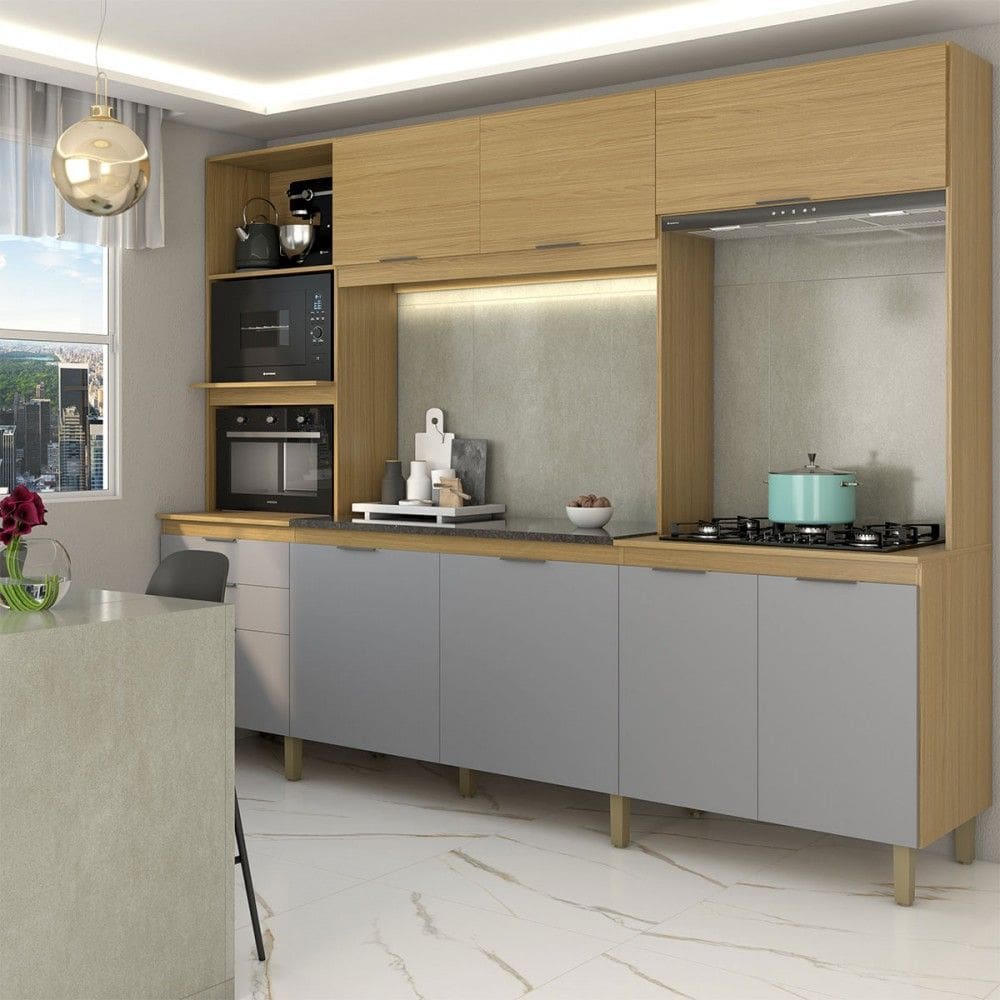 Cozinha Completa 8 Portas 2 Gavetas Beniz Ipê/Griseo - Panorama Móveis