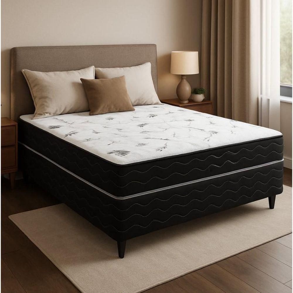 Cama Box Casal (138x64) D26 Molas Ensacadas Preto/Branco Viena Topázio Colchões