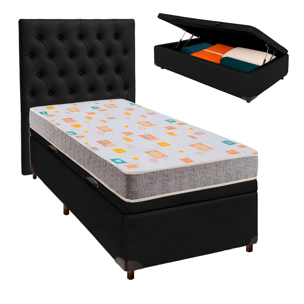 Conjunto Cama Box Bau Blindado Solteiro + Colchão D20 D20 Inducol + Cabeceira