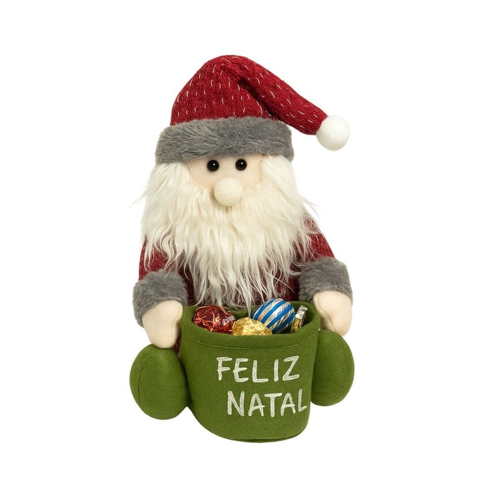 Papai Noel Sentado Decorativo Natal Pelúcia Saco Feliz Natal Vinho e Verde 20cm