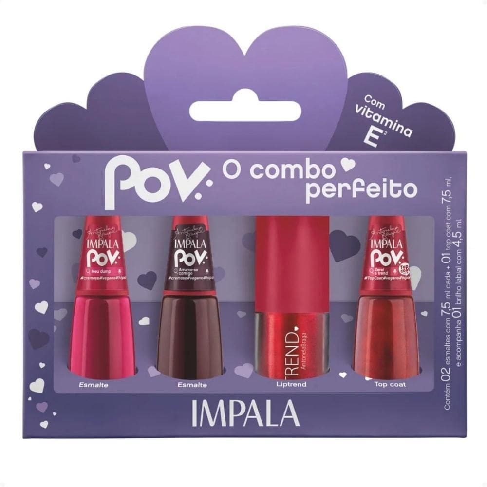 Kit Impala Pov Antonela: 2 Esmaltes, 1 Top Coat e 1 Gloss Labial