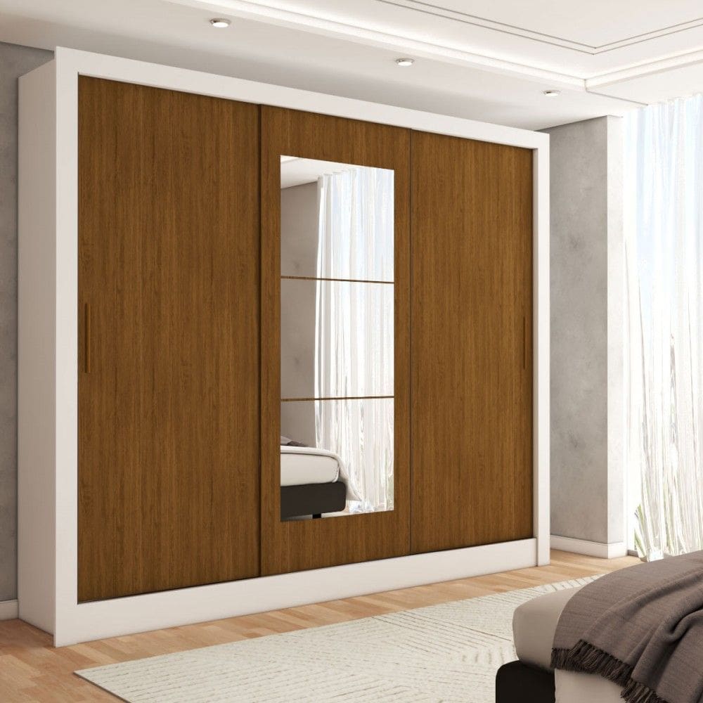 Guarda-Roupa Sebastian 3 Portas com Espelho 3 Gavetas Branco/Cinamomo - Panorama Móveis