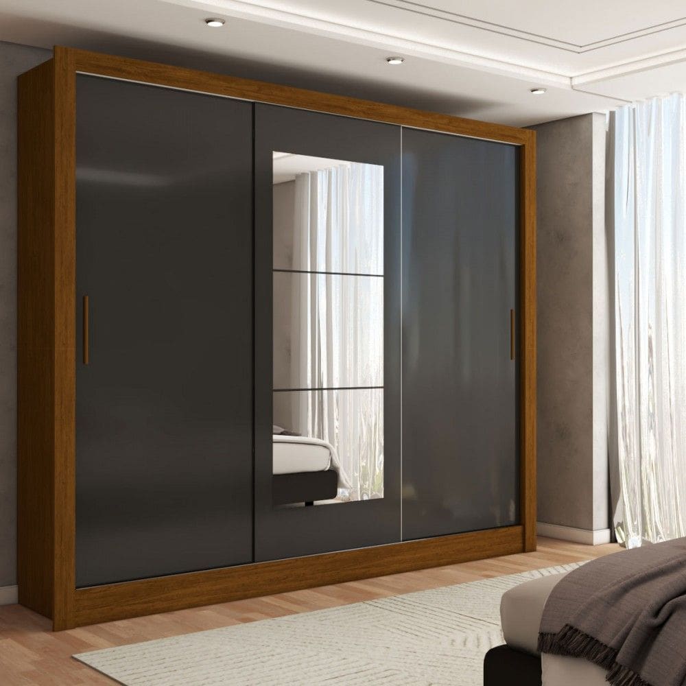 Guarda-Roupa Sebastian 3 Portas com Espelho 3 Gavetas Cinamomo/Preto - Panorama Móveis