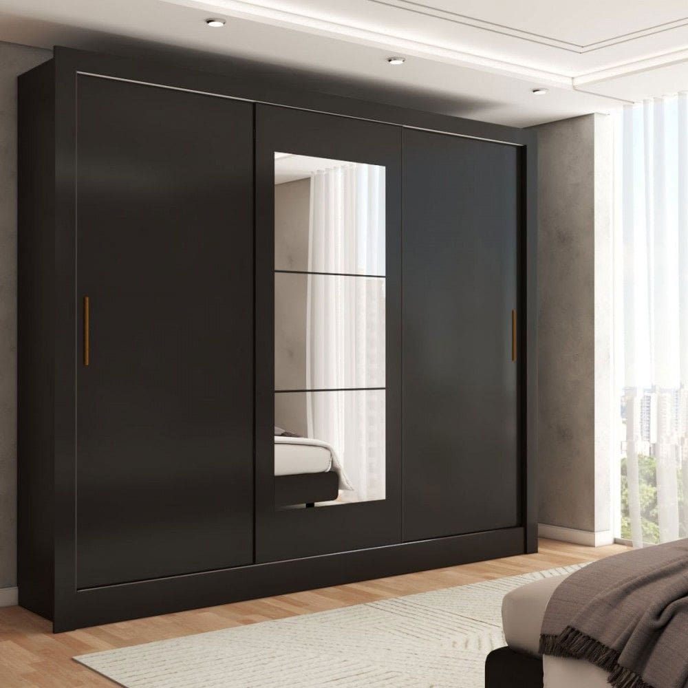 Guarda-Roupa Sebastian 3 Portas com Espelho 3 Gavetas Preto - Panorama Móveis