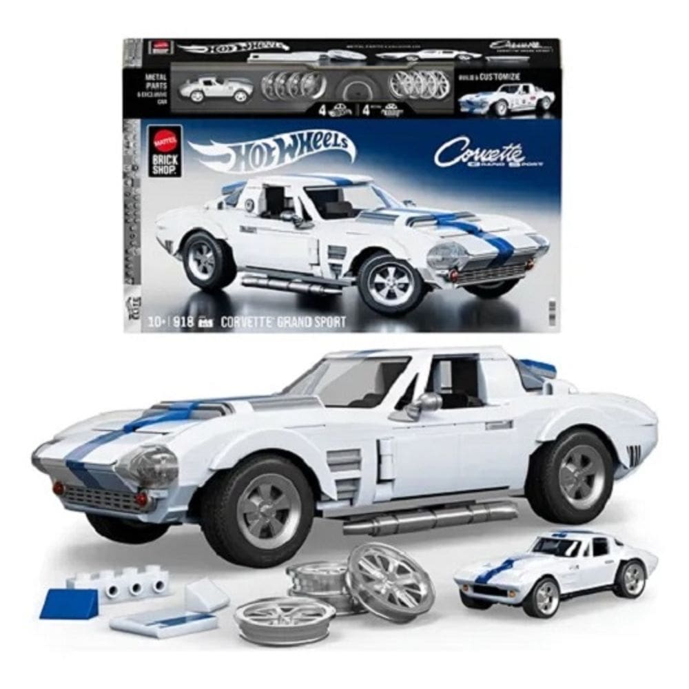 Hot Wheels Brick Shop Blocos Montar Custom Corvette Grand Sport 63 – Exclusiva Miniatura Metal – 918 peças