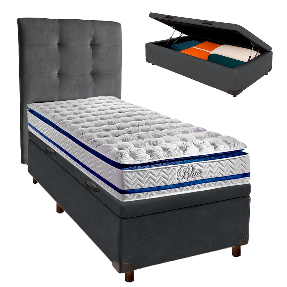Cama + Bau Blindado e Colchão Molas Ensacadas Solteiro - Blue Paropas + Cabeceira
