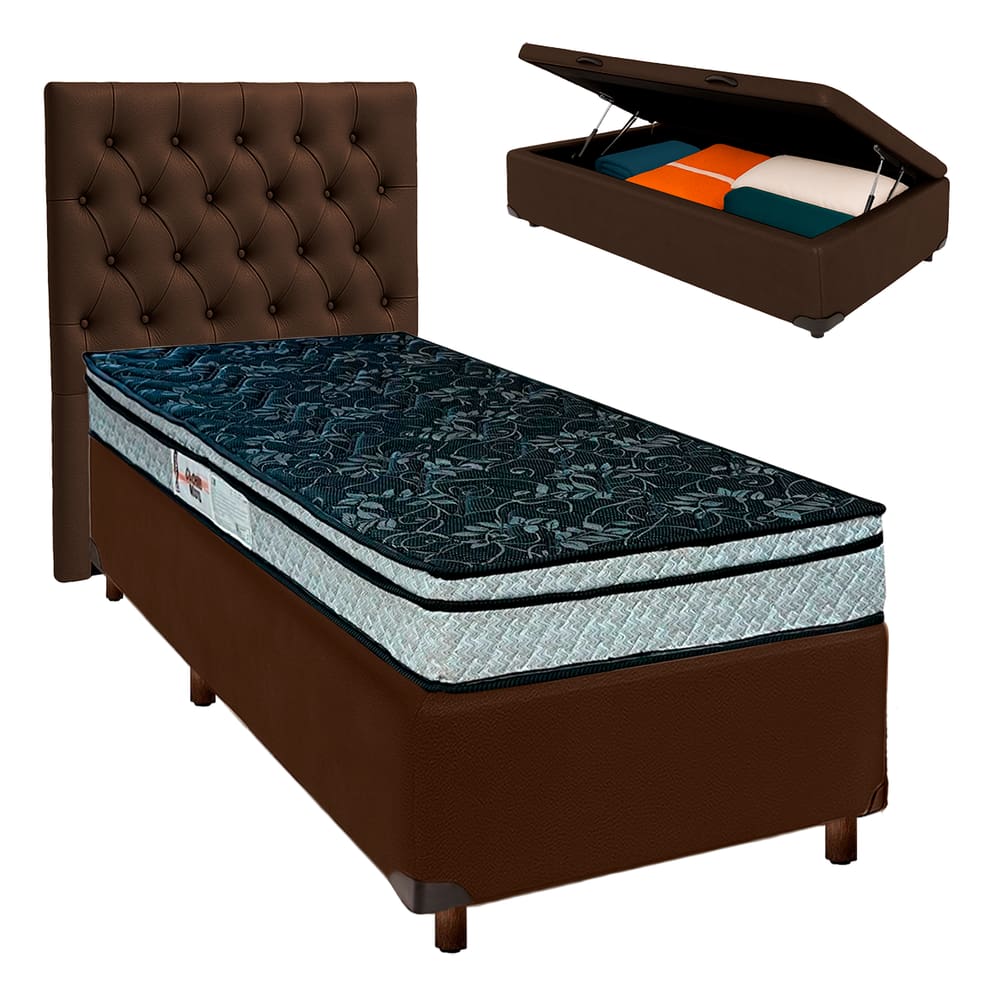 Conjunto Cama Box Bau Marrom Solteiro + Colchão D28 Conforto Paropas + Cabeceira