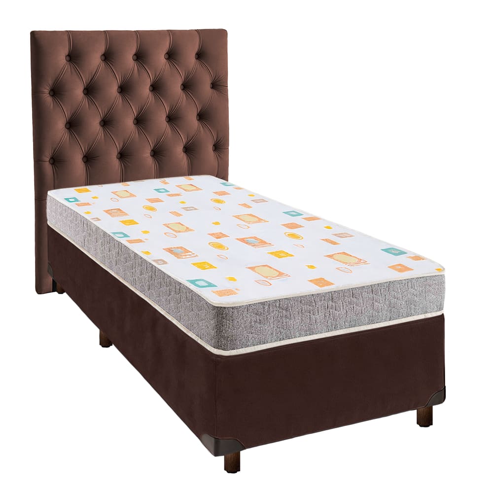 Cama + Box Marrom e Colchão D20 Solteiro - D20 Inducol + Cabeceira