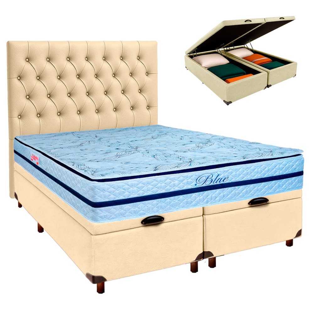Kit Cabeceira + Cama Box Bau + Colchão Queen Molas Ensacadas Blue Paropas