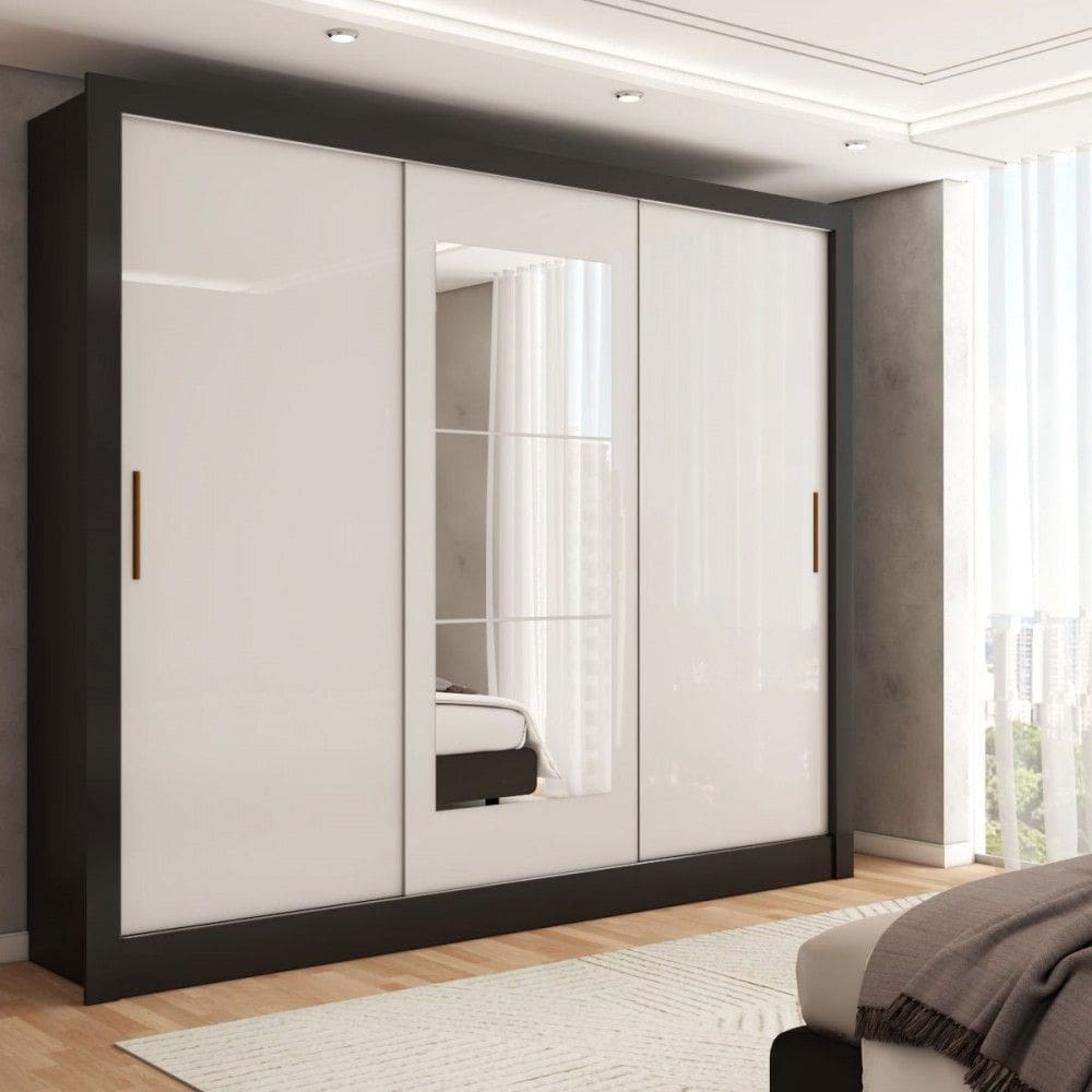 Guarda-Roupa Sebastian 3 Portas com Espelho 3 Gavetas Preto/Off White - Panorama Móveis