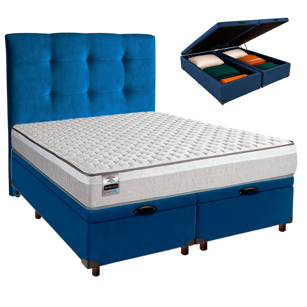 Cama + Bau Blindado e Colchão Molas Ensacadas Queen - Hanover Inducol + Cabeceira