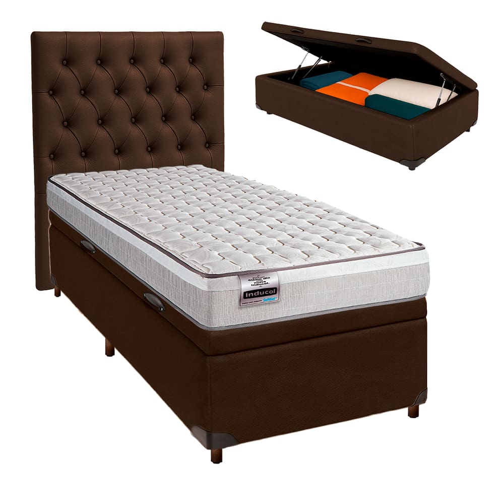 Kit Cama Box Bau + Cabeceira + Colchão Solteiro Molas Ensacadas - Hanover - Inducol