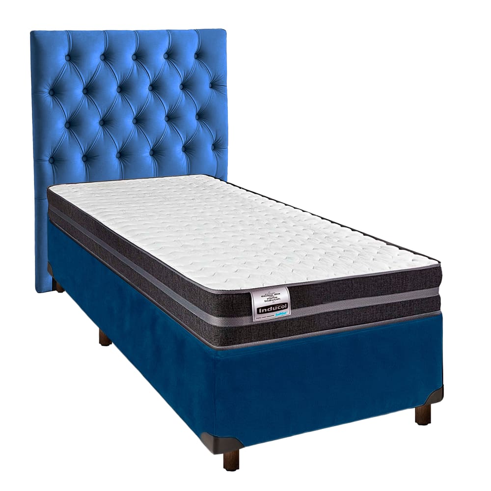 Cama + Box Azul e Colchão Molas Ultralastic Solteiro - Bogota Inducol + Cabeceira