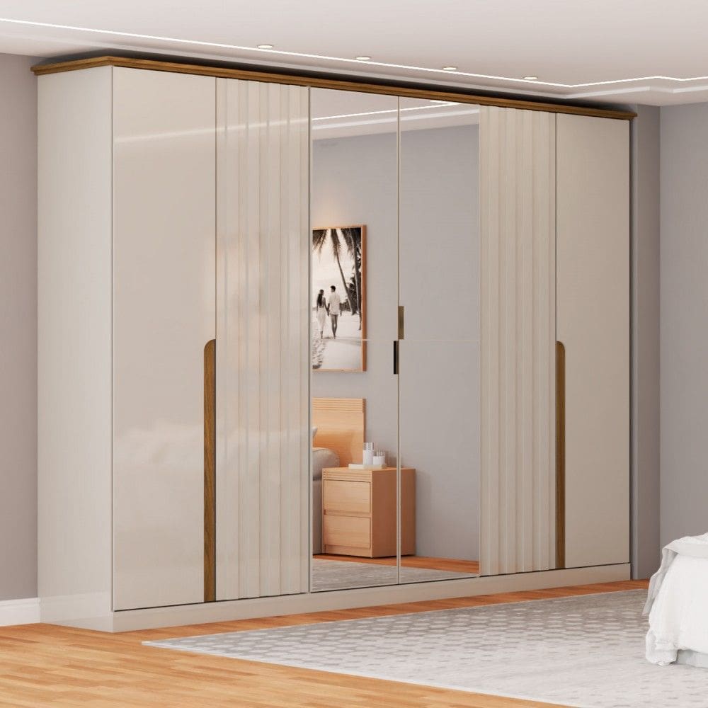 Guarda-Roupa Casal Rio com Espelho 6 Portas 6 Gavetas Off White/Natural - Pm