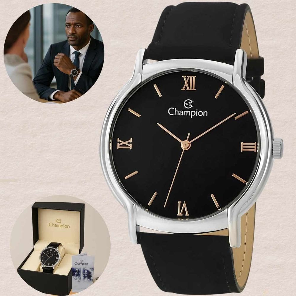 Relógio Champion Masculino CN20006T Analógico Caixa Prata Pulseira Couro Preto Social Casual Prova D`água 50 Metros