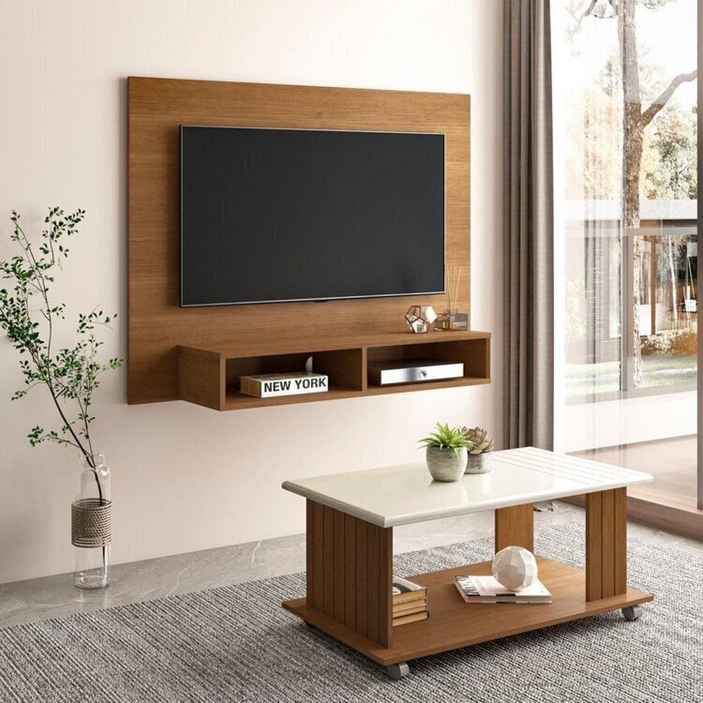 Sala de Estar Completa com Mesa de Centro e Painel Flash Cinamomo/Off White