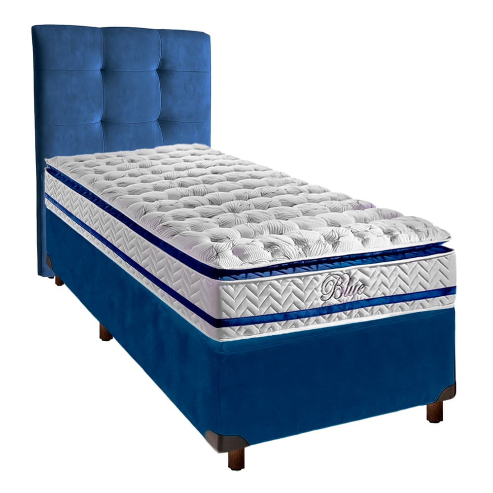 Kit Cama Box + Cabeceira + Colchão Solteiro Molas Ensacadas - Blue - Paropas