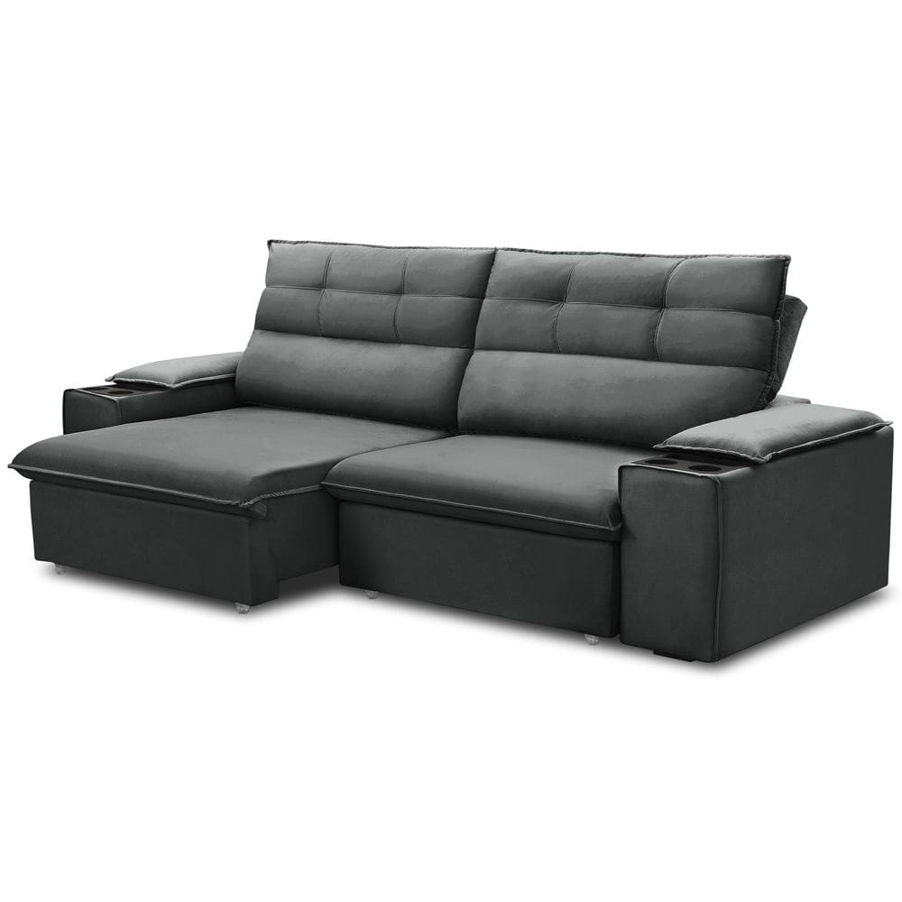 Sofá Retrátil Reclinável Para Sala 3 Lugares 225cm Gordon F04 Veludo Cinza Escuro - Lyam Decor