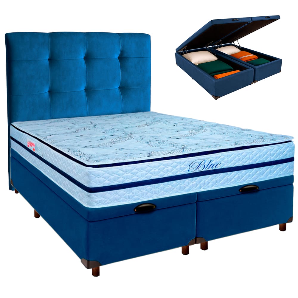 Kit Cama Box Bau + Cabeceira + Colchão Queen Molas Ensacadas - Blue - Paropas