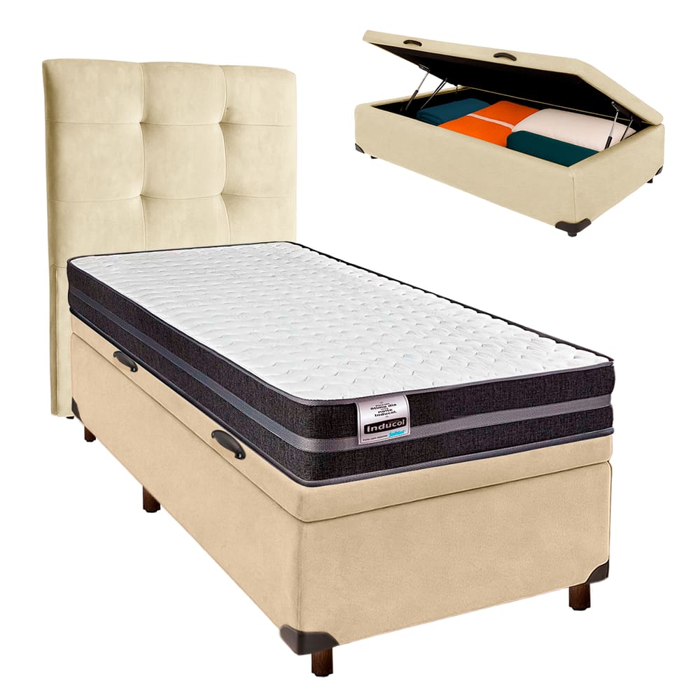Kit Cama Box Bau + Cabeceira + Colchão Solteiro Molas Ultralastic - Bogota - Inducol