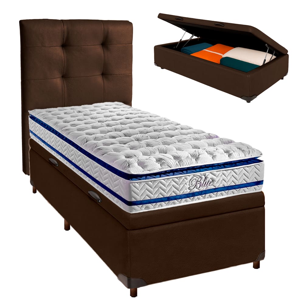 Kit Cabeceira + Cama Box Bau + Colchão Solteiro Molas Ensacadas Blue Paropas