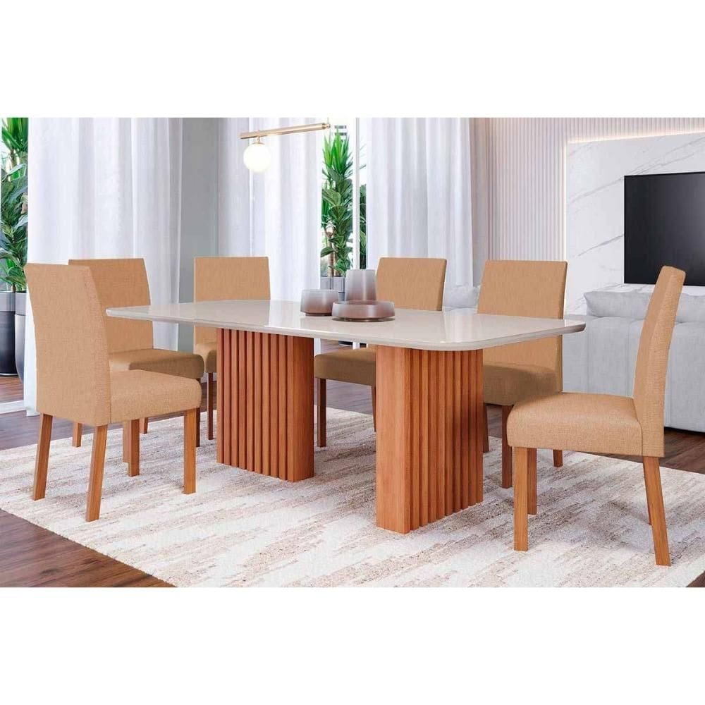 Conjunto: Mesa de Cozinha Ester Tampo Madeirado c/ Vidro 180x90cm e 6 Cadeiras Maia Cinamomo/Off White - Suede Gengibre Bege - Cimol