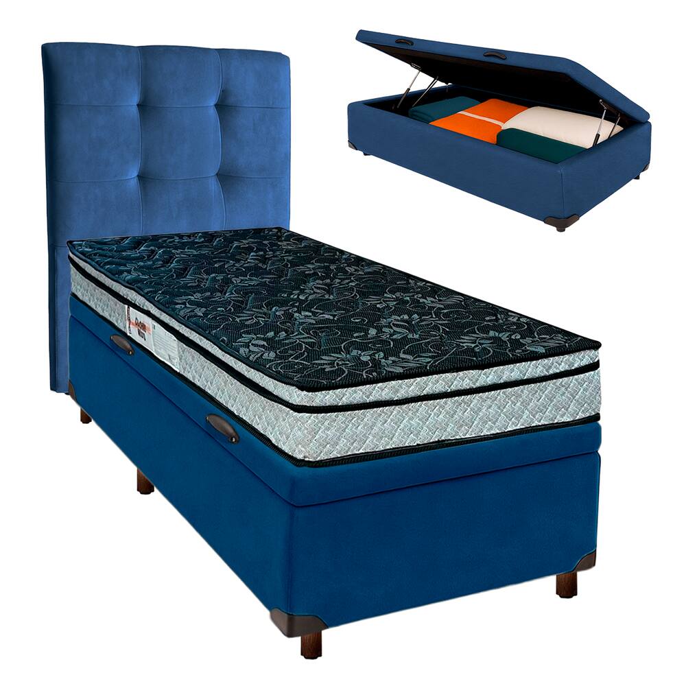 Cama Box Bau + Colchão Solteiro D28 Conforto Paropas + Cabeceira Estofada