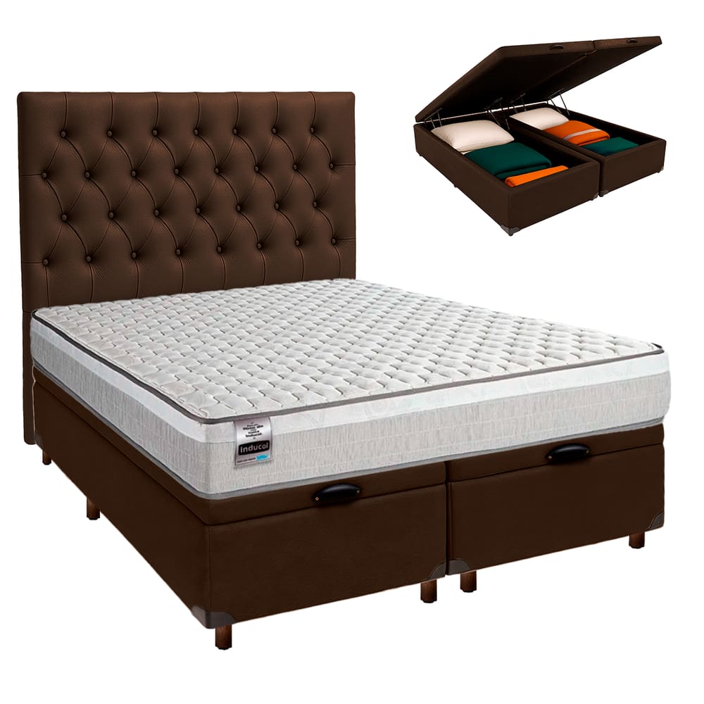 Kit Cama Box Bau + Cabeceira + Colchão Queen Molas Ensacadas - Hanover - Inducol