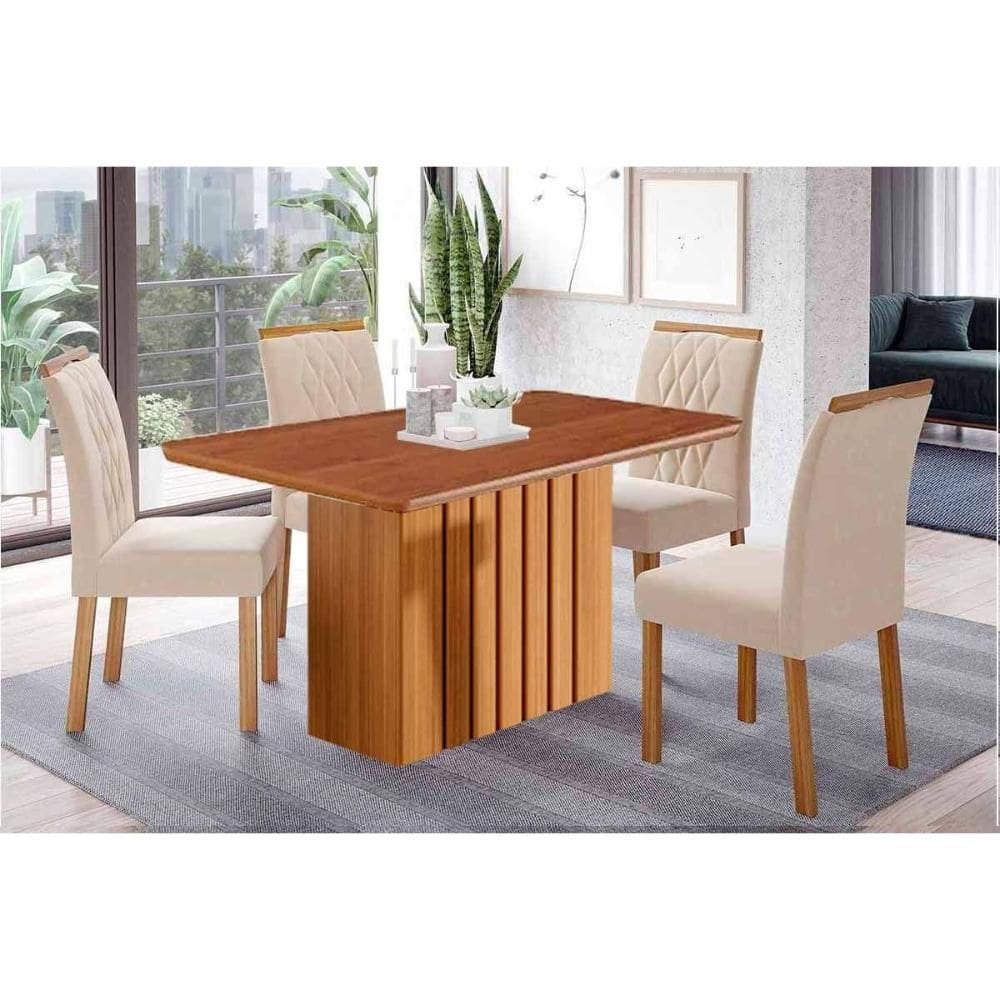 Conjunto: Mesa de Cozinha Ana Tampo Madeirado 130x80cm e 4 Cadeiras Juliana Cinamomo - Carvalho/Linho Bege - Cimol