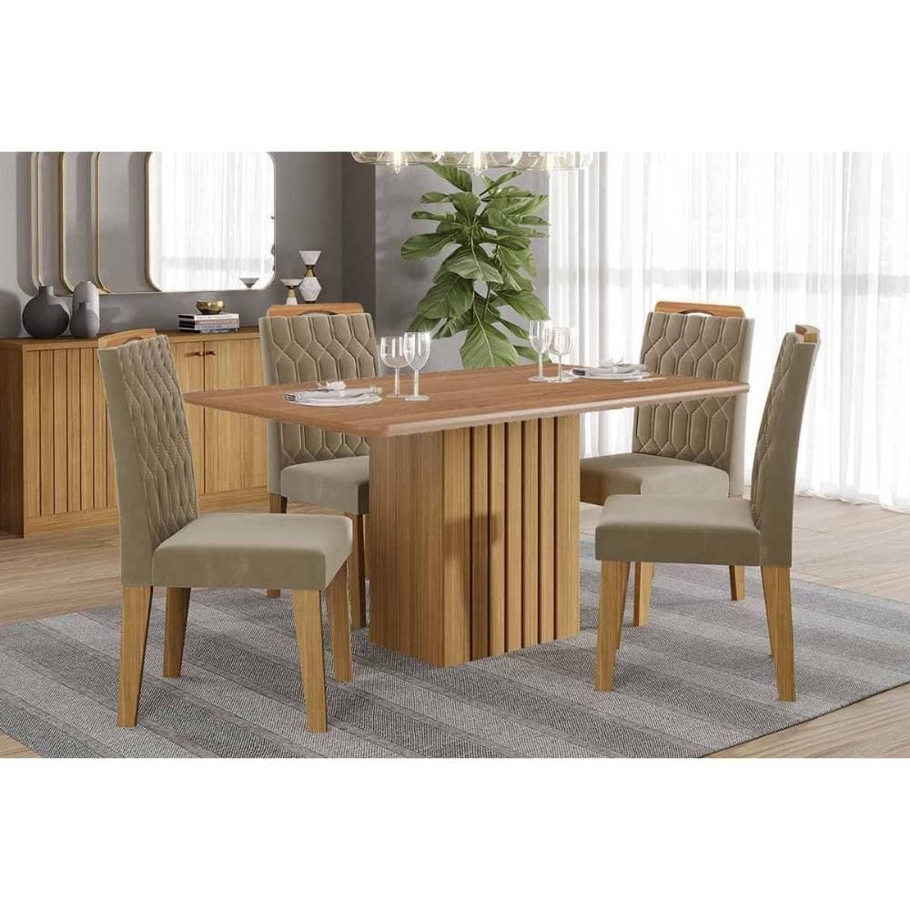 Conjunto: Mesa de Cozinha Ana Tampo Madeirado 130x80cm e 4 Cadeiras Paola Cinamomo - Carvalho/Linho Bege - Cimol