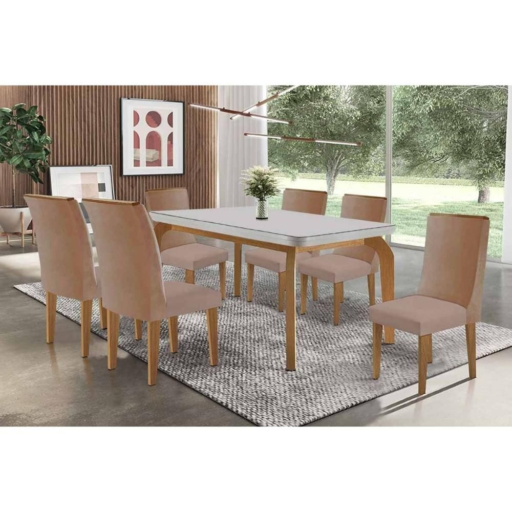 Conjunto: Mesa de Cozinha Londrina c/ Tampo Madeirado c/ Vidro Canto Curvo 180x90cm e 6 Cadeiras Dakota Naturale/Off White - Linho Capuccino - Rufato
