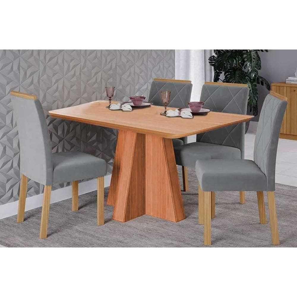 Conjunto: Mesa de Cozinha Maitê Tampo Madeirado 130x80cm e 4 Cadeiras Fernanda Cinamomo - Carvalho/Linho Grafite - Cimol