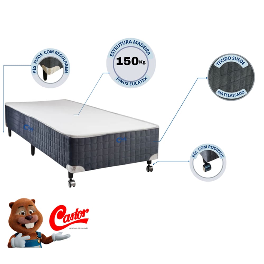 Base Box Castor Silver Star Cinza Solteiro 88x188 - Reforçada - Até 150kg