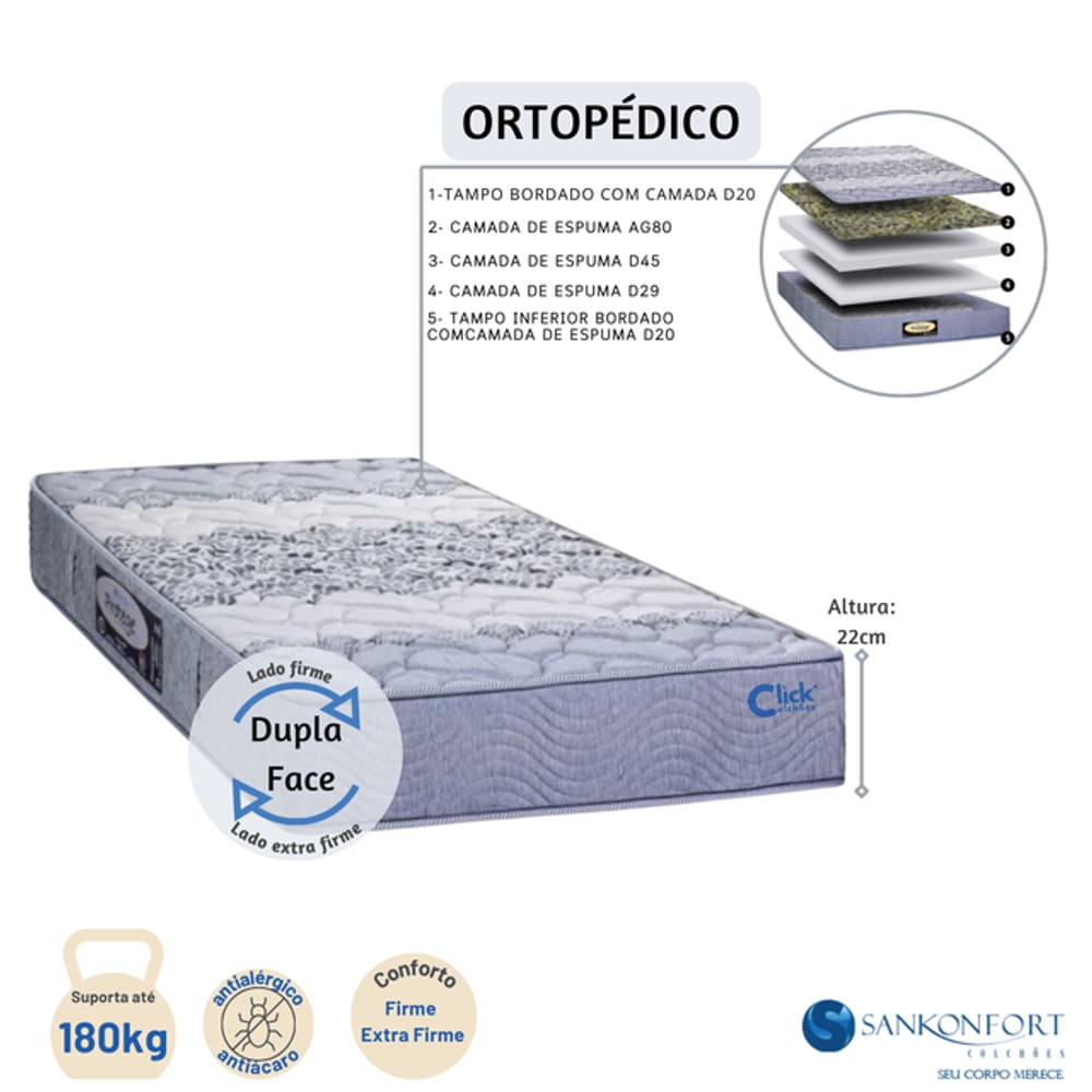 Colchão Ortopédico Solteiro King 96x203 Protege Dupla Face até 180kg - Firme - Resistente -Medida Especial
