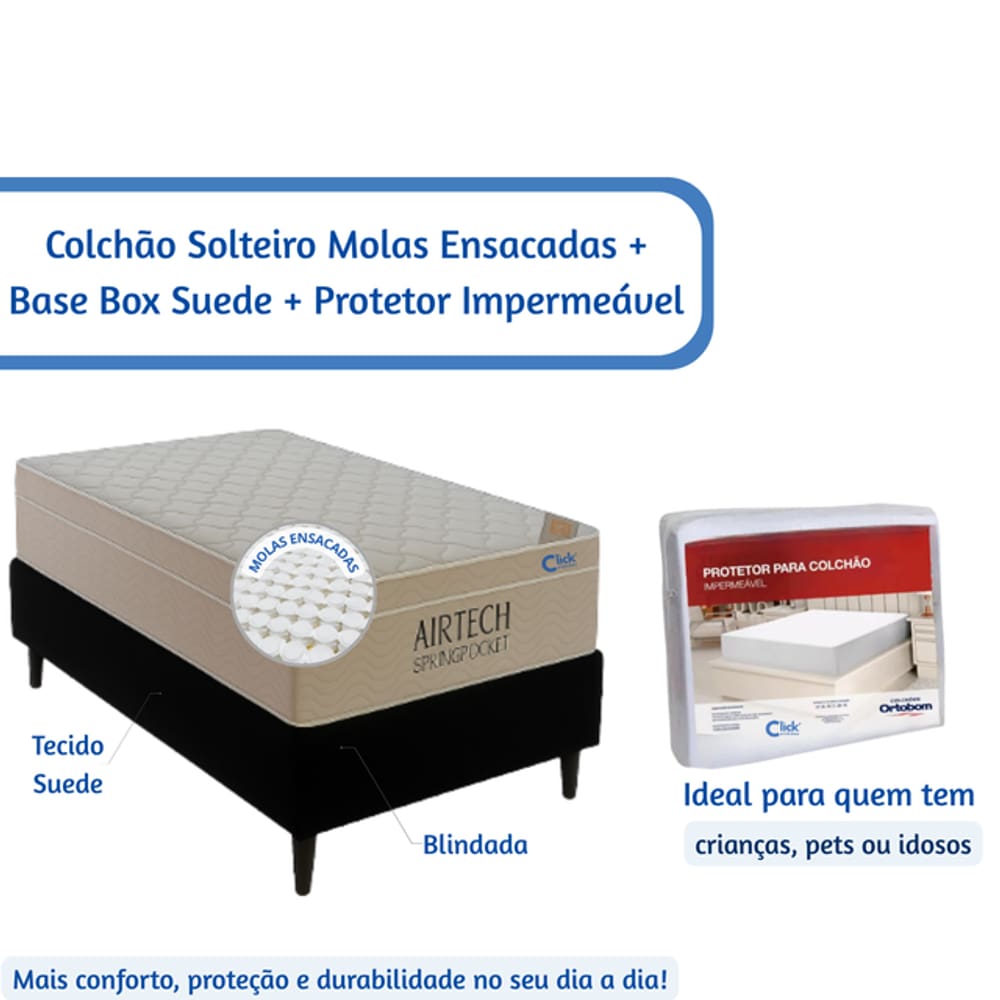 Kit Colchão Ortobom Solteiro - Largura Menor - Molas Ensacadas + Base Box Blindada Suede 78x188 + Capa Protetora