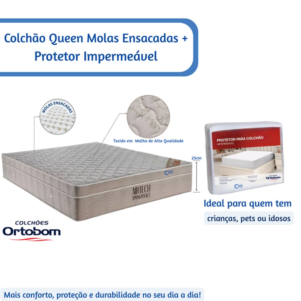 Colchão Ortobom Queen Molas Ensacadas 158x198x25 + Capa Protetora Impermeável Antialérgica