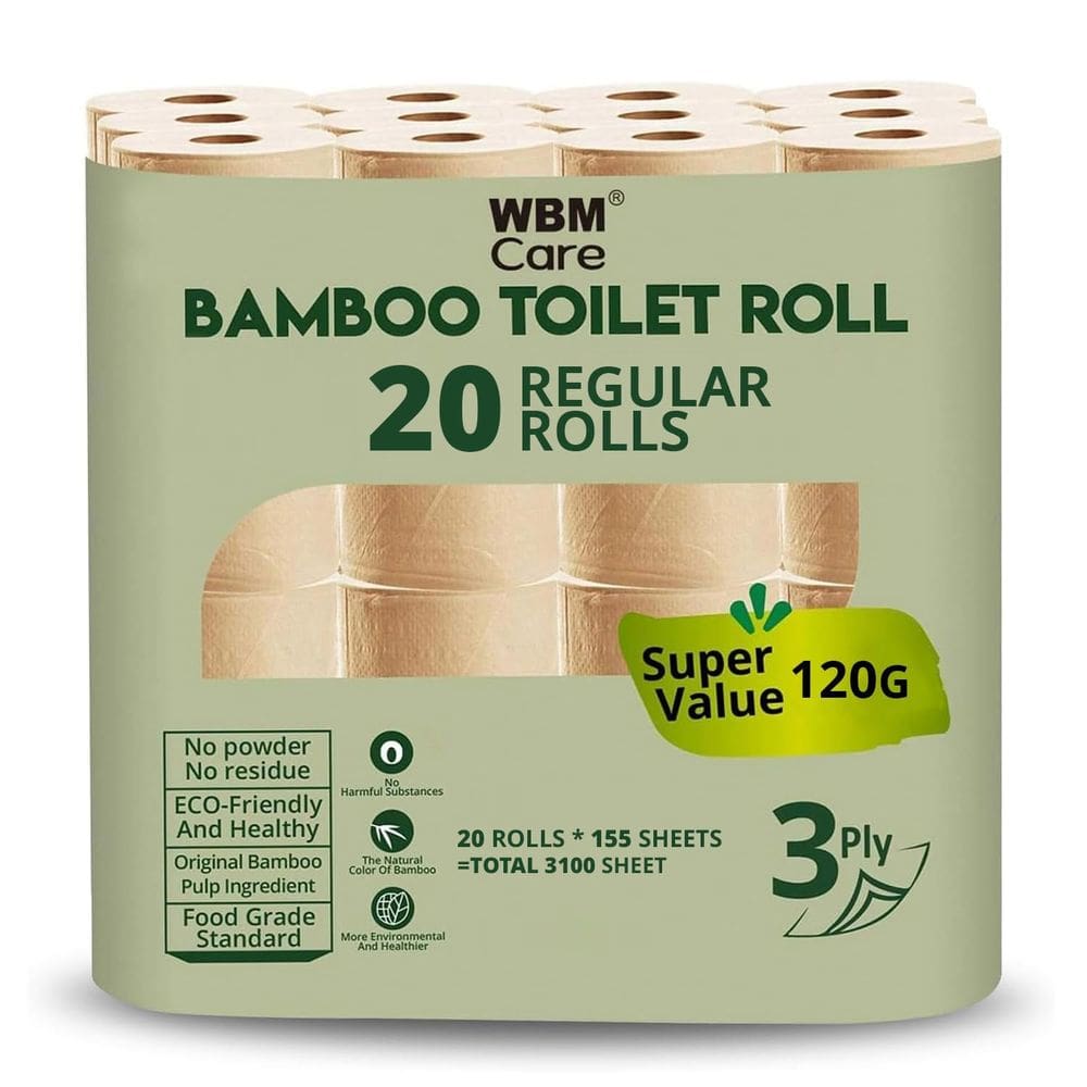 Papel higiênico WBM Care de 3 camadas de bambu 155 folhas por rolo x 20