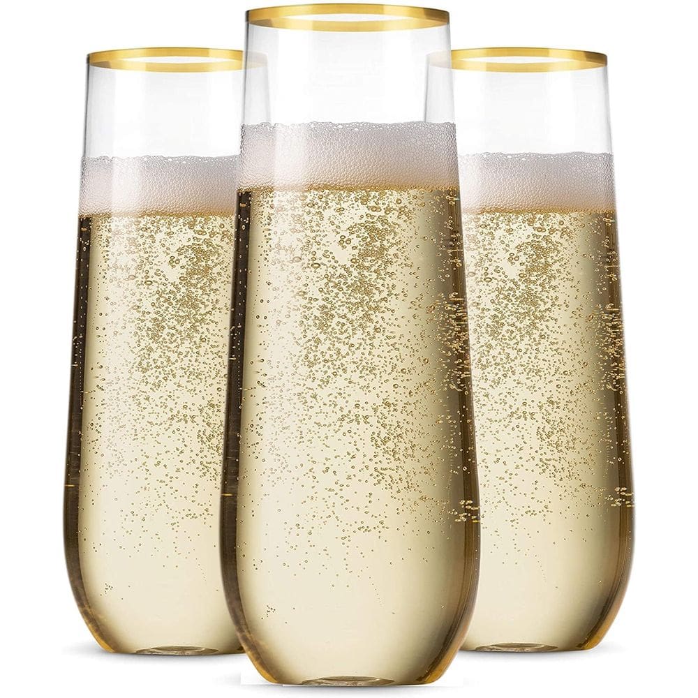Taças de champanhe Munfix Stemless 270 ml, pacote com 36 unidades, aro dourado